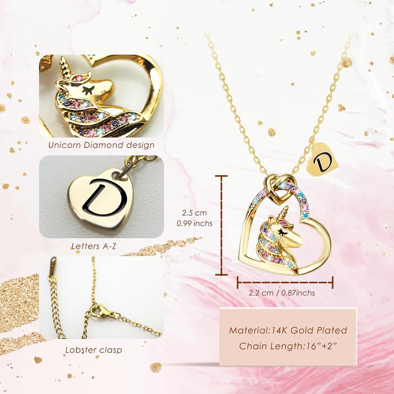 PYXC Valentines Day Gifts - Unicorn Necklace Gifts for Girls, Gold CZ Heart Unicorn Jewelry Initial Girls Birthday Colorful Heart Necklace Birthday present - Image 4